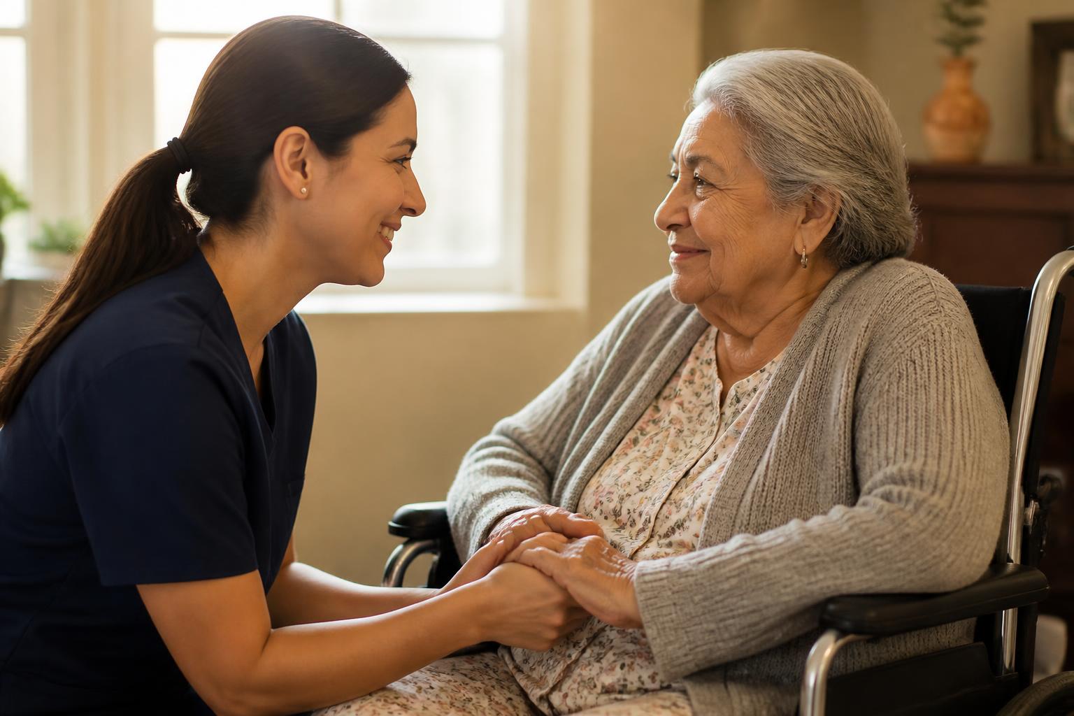 A caregiver gently holding hands with a senior resident in a wheelchair