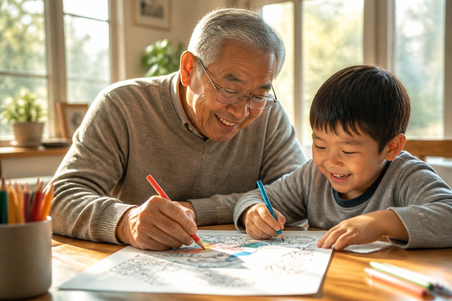 A grandfather coloring with his young grandchild at a sunny table