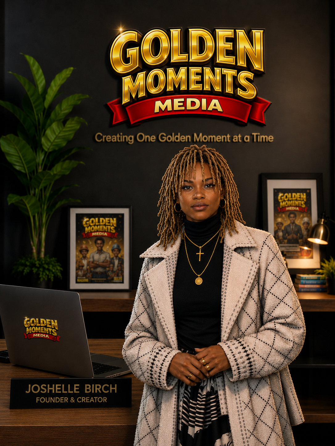 Joshelle Birch, Founder & Creator of Golden Moments Media, standing in front of the company logo